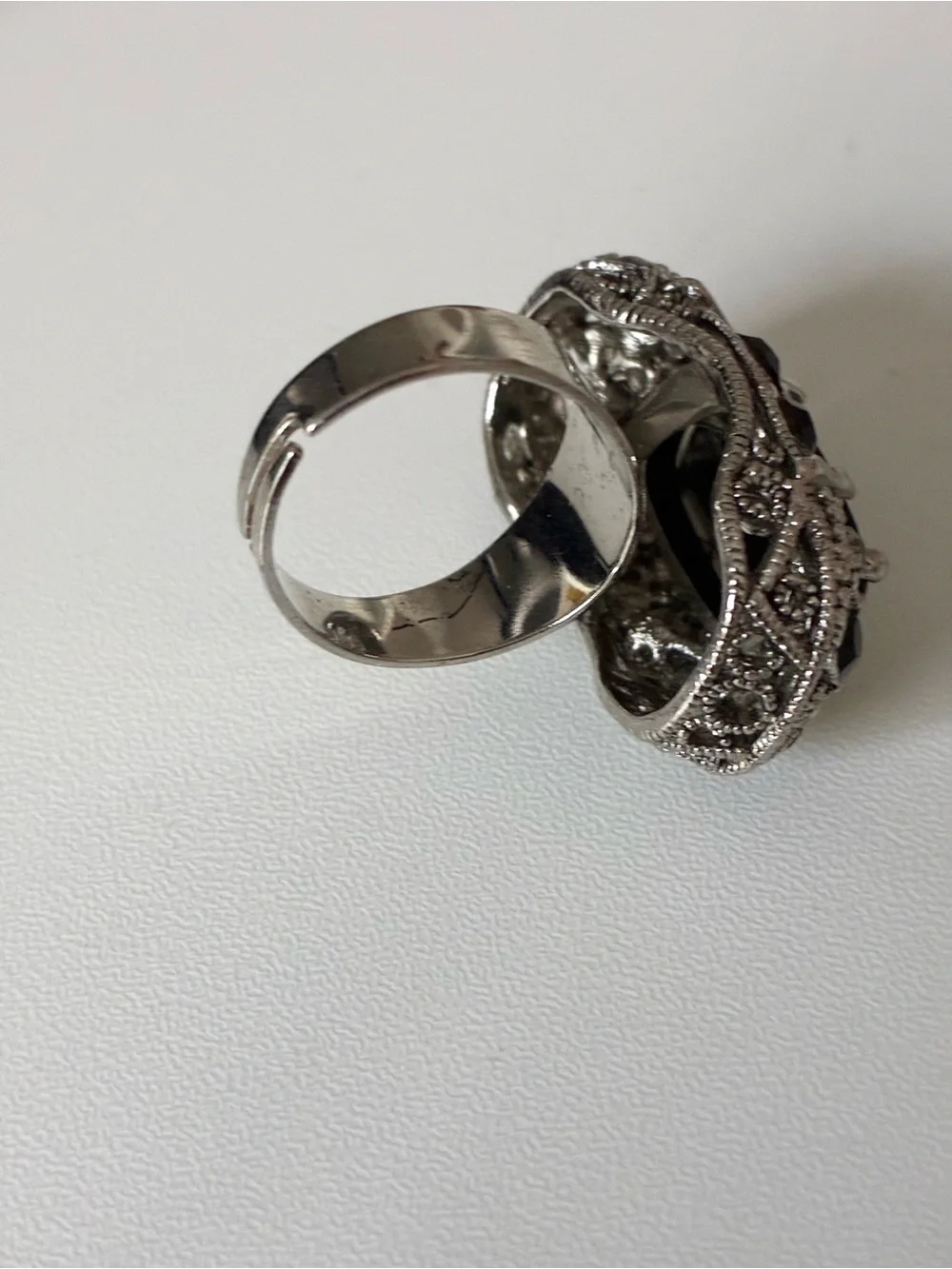 Crystal Black Stone Statement Ring, Adjustable size 8+